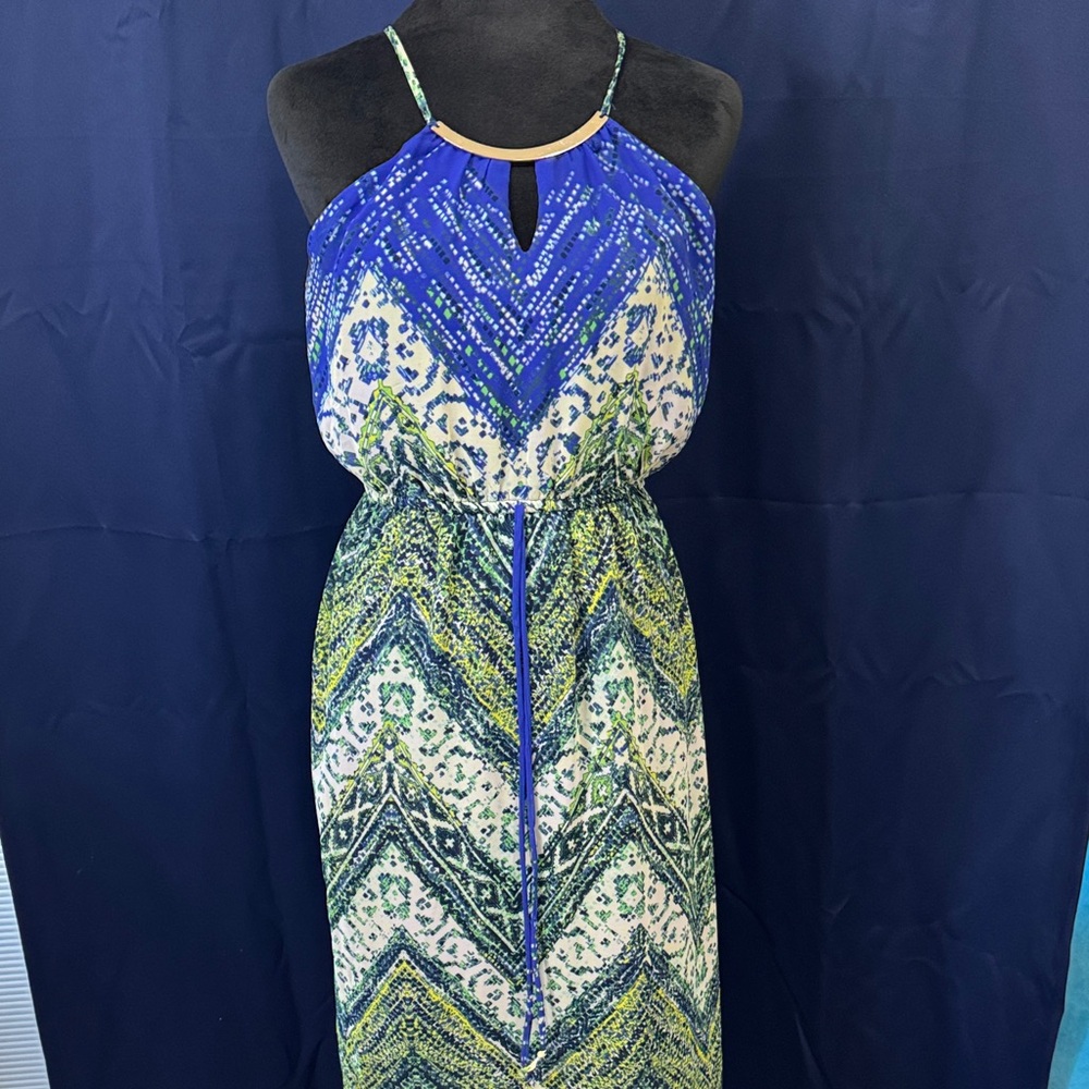 Sweet Storm Vibrant Blue and Green Patterned Maxi Dress